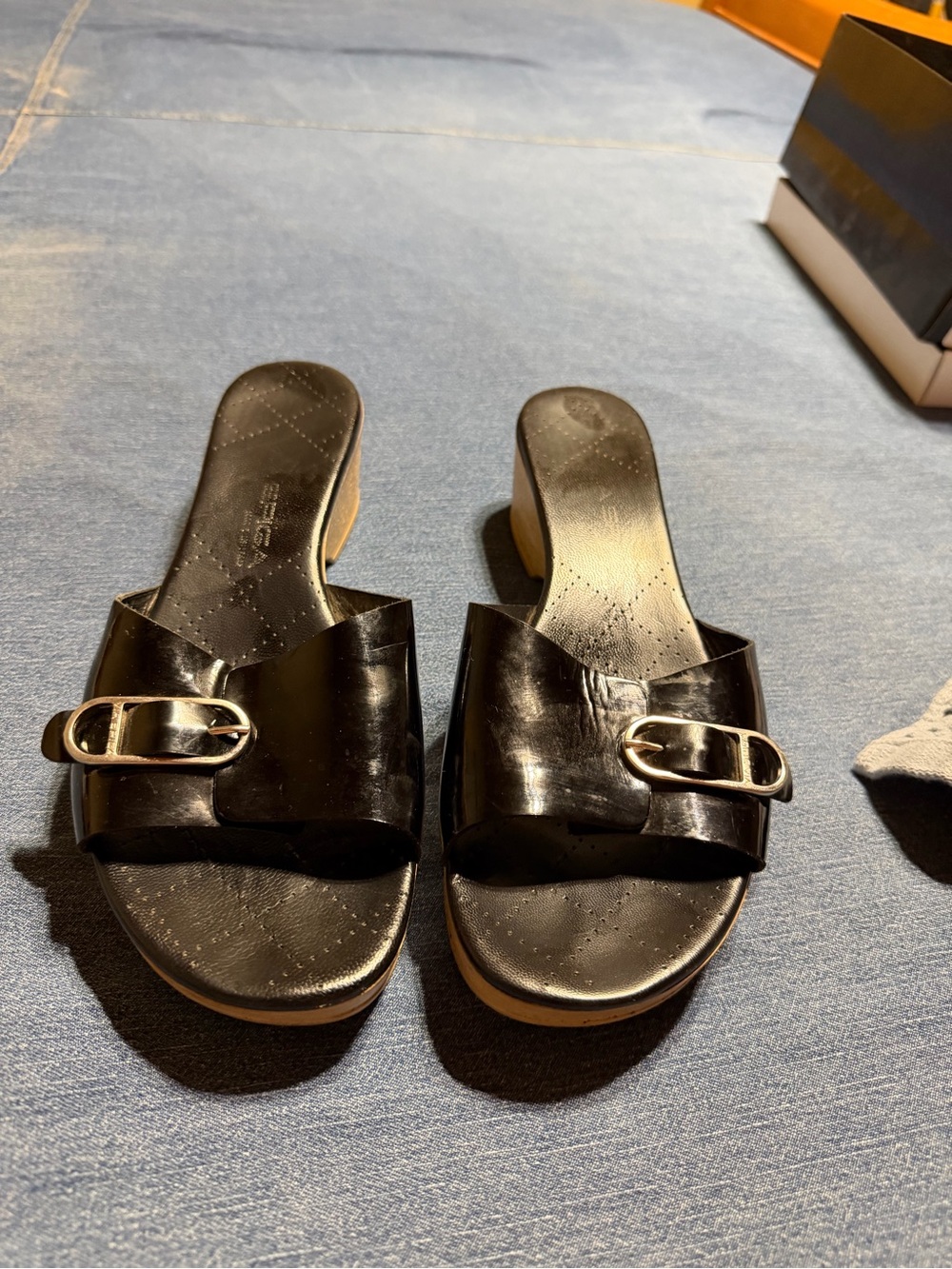 Via Spiga Black Leather Slide Sandals with Gold Buckle